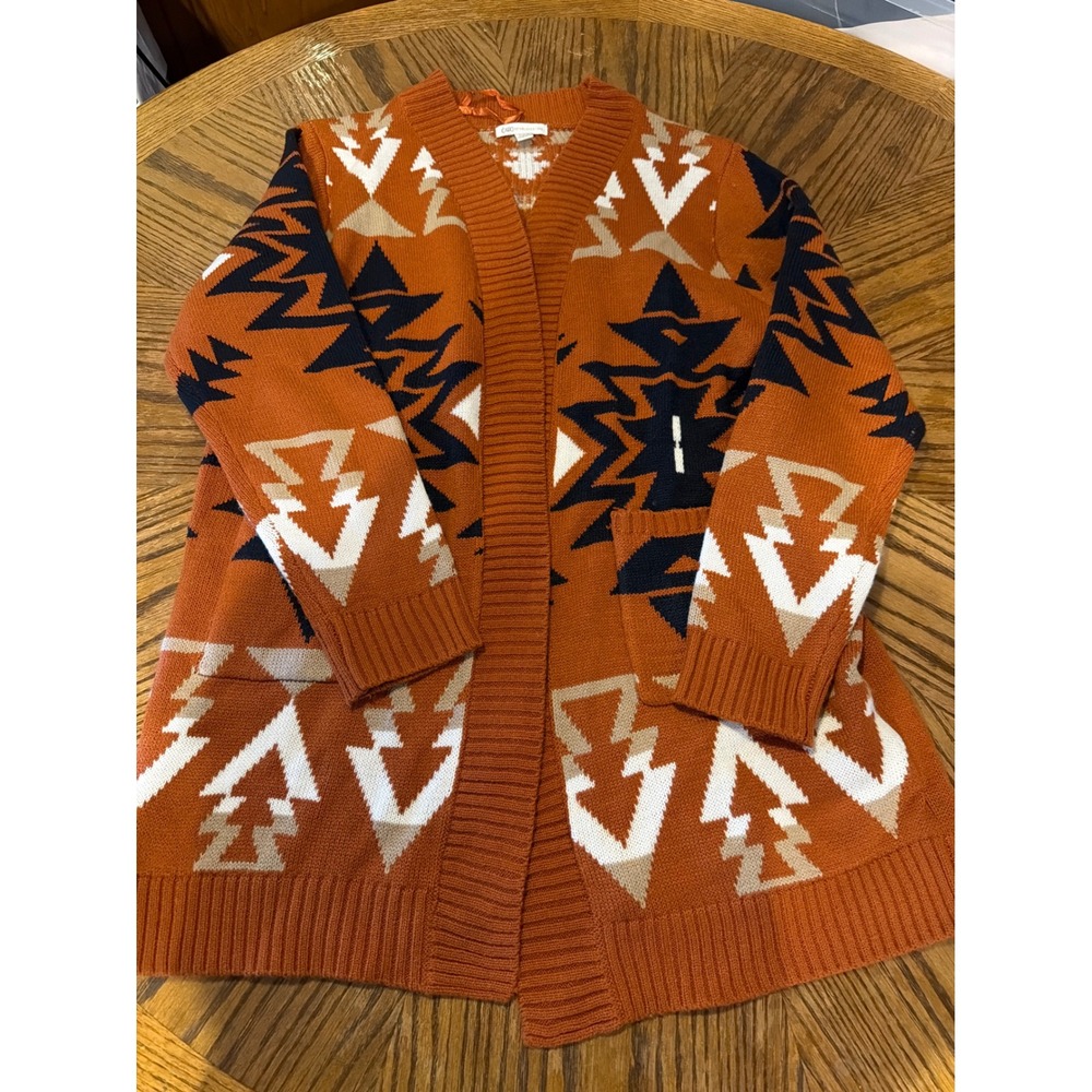 Cato Womens Large Rust Orange Southwestern Geometric Open Front Cardigan Pockets